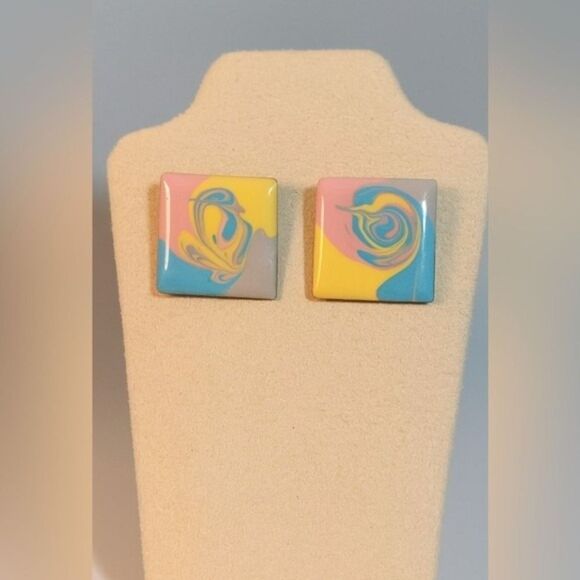 80s Vintage Women's Dreamy Multi-Color Swirl Square Earrings Artsy Retro Groovy - Picture 1 of 4